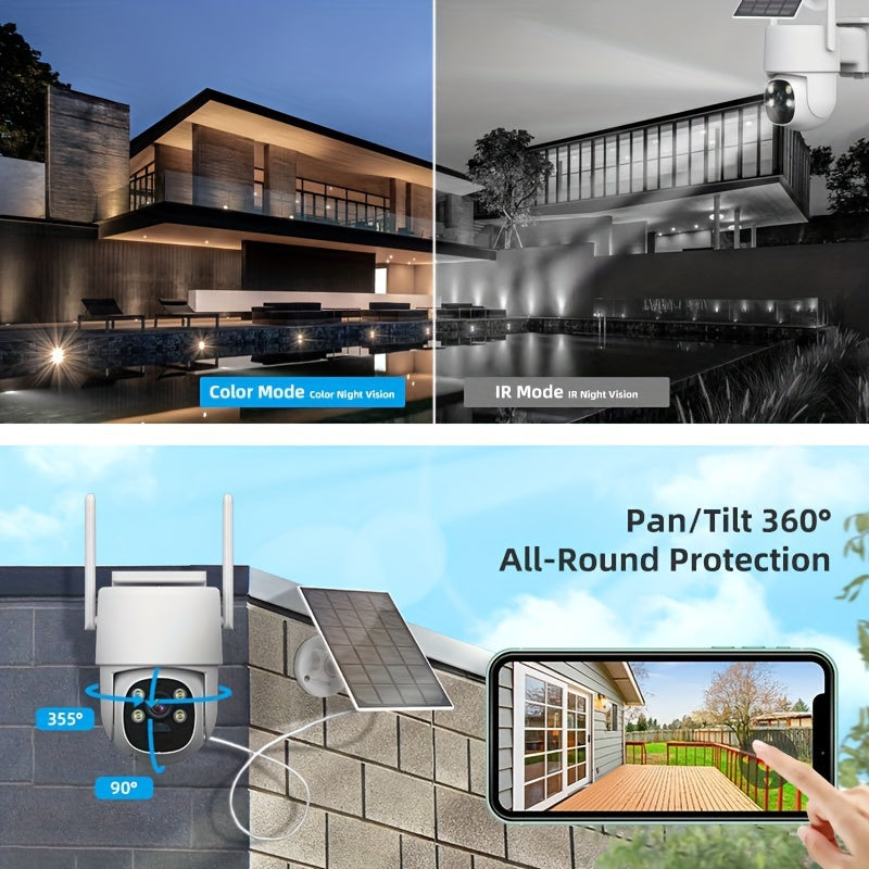 Ulanmagan quyosh energiyali xavfsizlik kamerası 1440p 360° ko‘rish kechqurun ko‘rish harakatni aniqlash PTZ suv o'tkazmaydigan