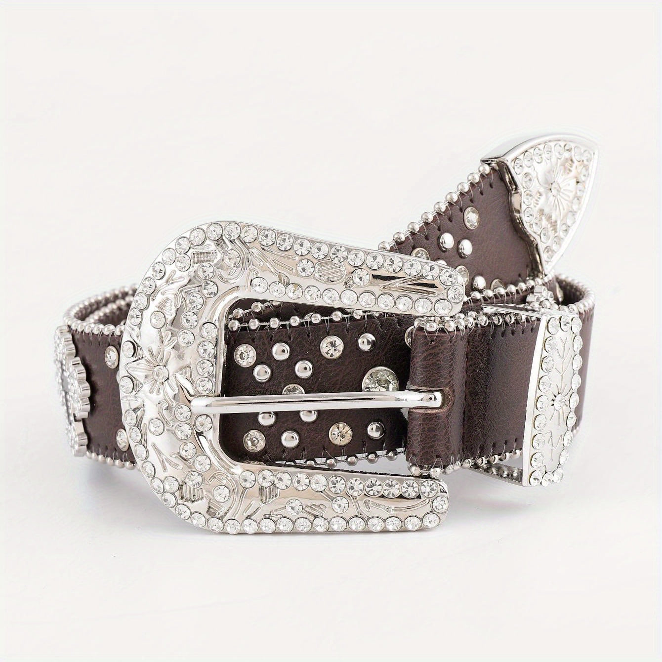 Cinturón unisex de cuero brillante con incrustaciones de rhinestones, hebilla tallada, remaches cruzados y diseño con tachuelas para hip hop, Y2K, vaqueros y pantalones