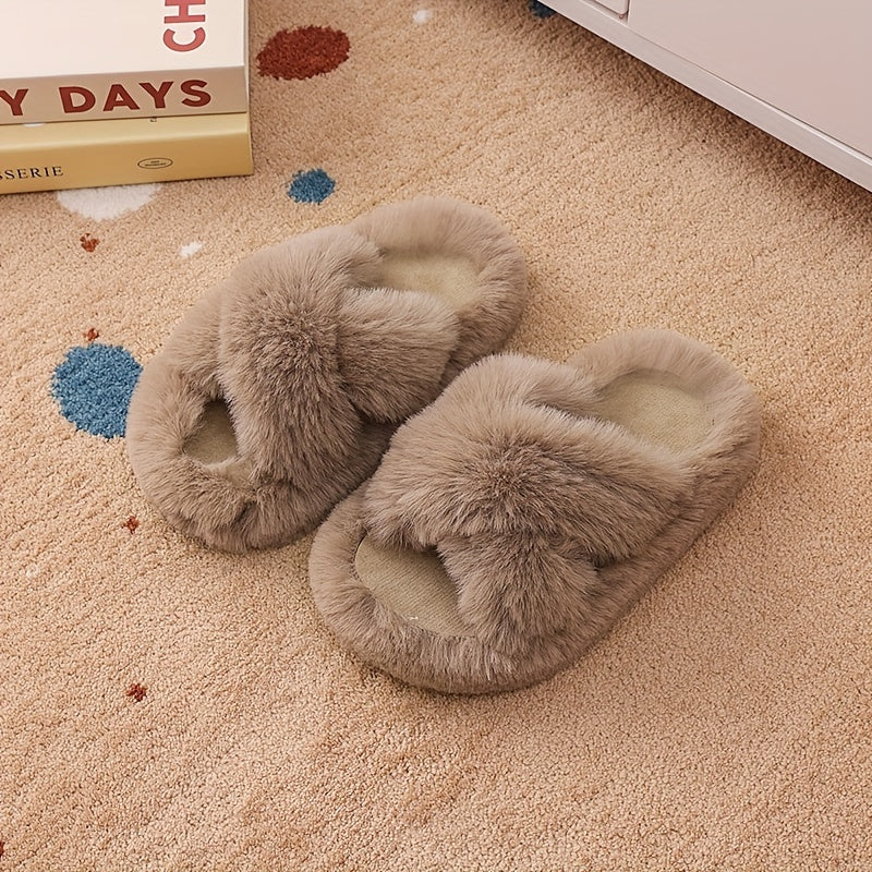 Unisex Faux Fur Slippers with PVC Sole Round Toe Tasseled Honey Style for Kids and Teens
