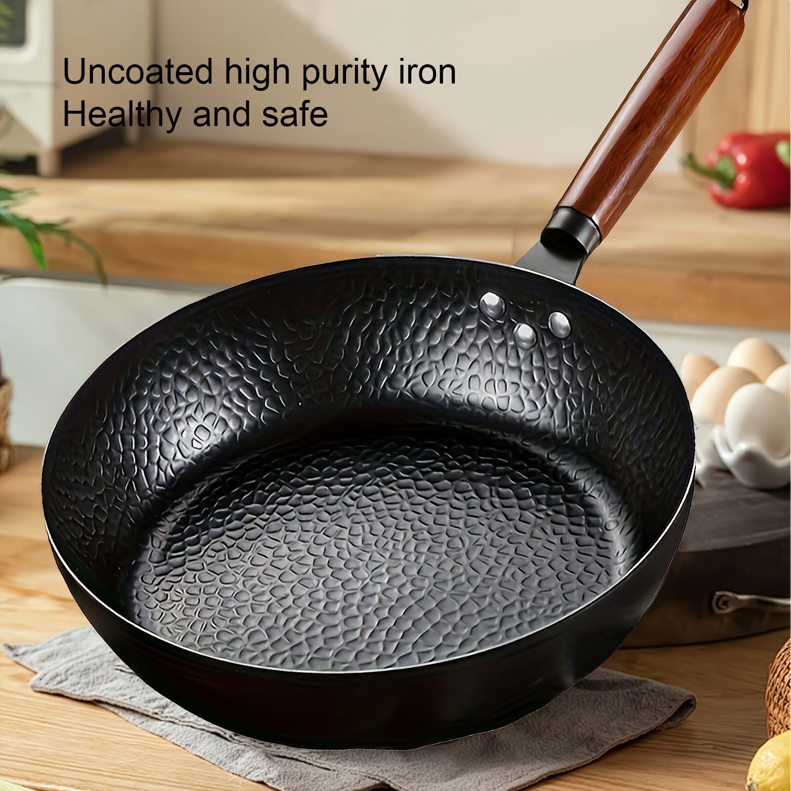 Non-Stick Cast Iron Wok Wooden Handle Hammered Flat Bottom All Stovetops