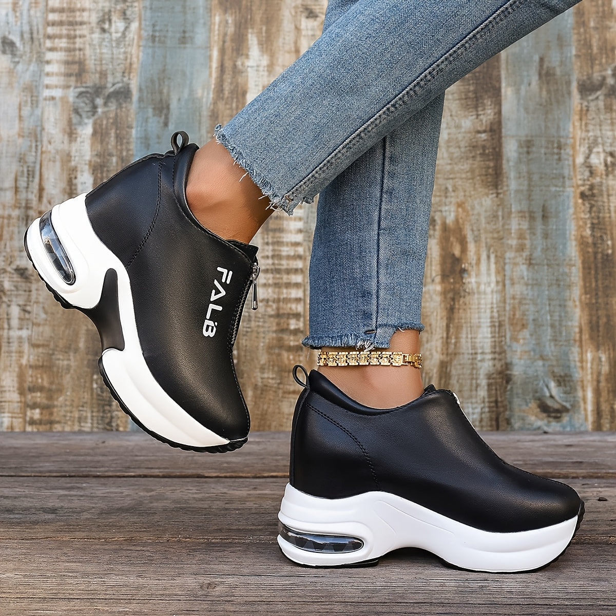 Women's Fashion Sneakers with Air Cushion Zipper Closure Solid Low Top Rubber Sole