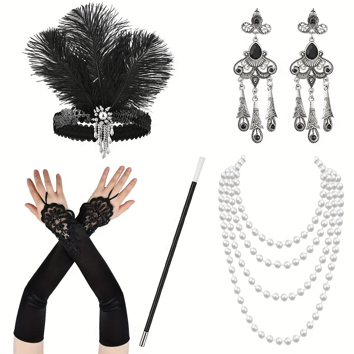 Set de accesorios de disfraces con temática Gatsby para mujeres con diadema de plumas, guantes, collar de perlas y sujetapapeles para cigarrillos