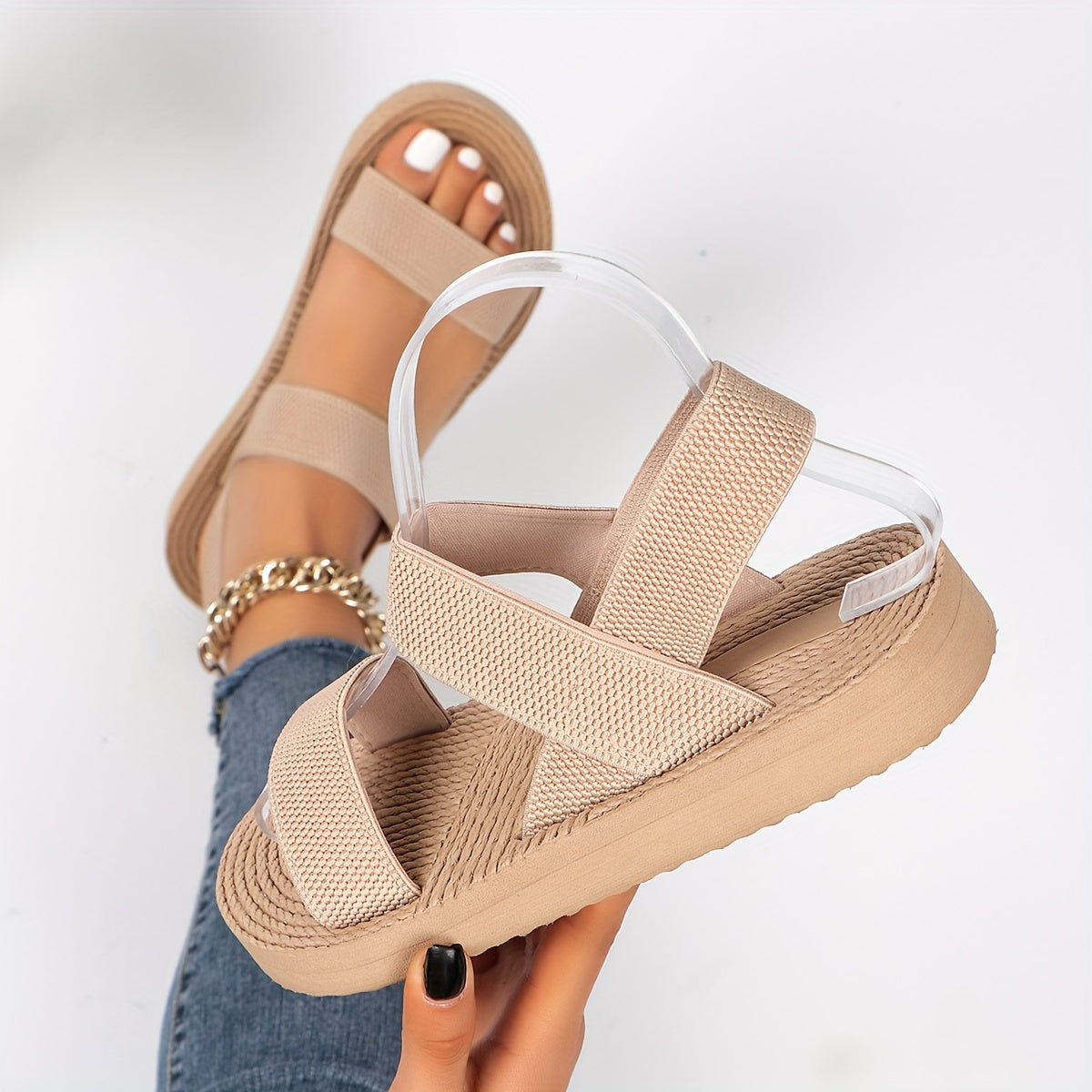 Women's Summer Sandals Beige Fabric Double Strap Open Toe Casual Slides