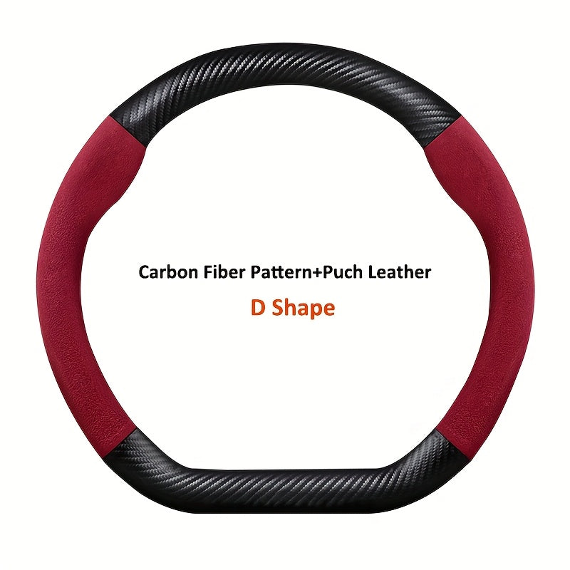 Car Steering Wheel Cover D-Shaped Carbon Fiber Texture Plush Fit 37-38.5cm