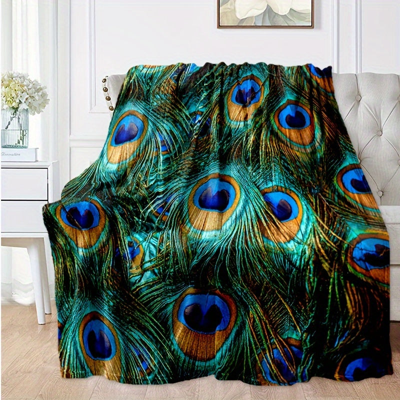 Flannel Blanket with Peacock Feather Pattern for All Seasons Soft Warm Cozy Bed Throw