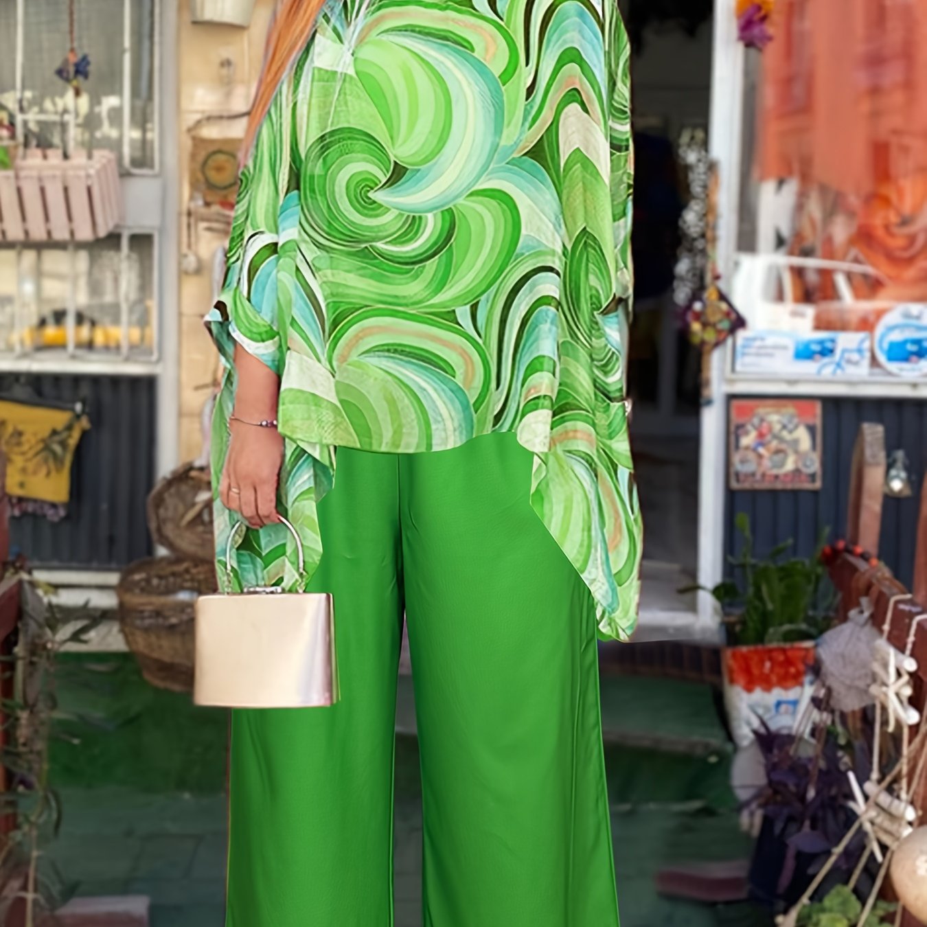 Women's Two-Piece Outfit Abstract Swirl Print Crew Neck Top Black Pants Polyester Blend Spring Summer