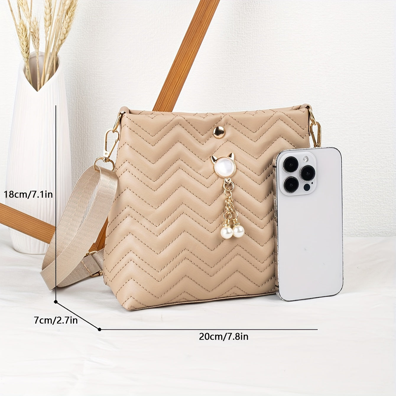 Quilted Crossbody Bag with Adjustable Strap Faux Pearl Embellishment Chevron Pattern in Khaki White Pink Black