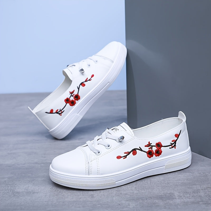 Women’s Floral Embroidery Sneakers Casual Slip-On Microfiber All-Season