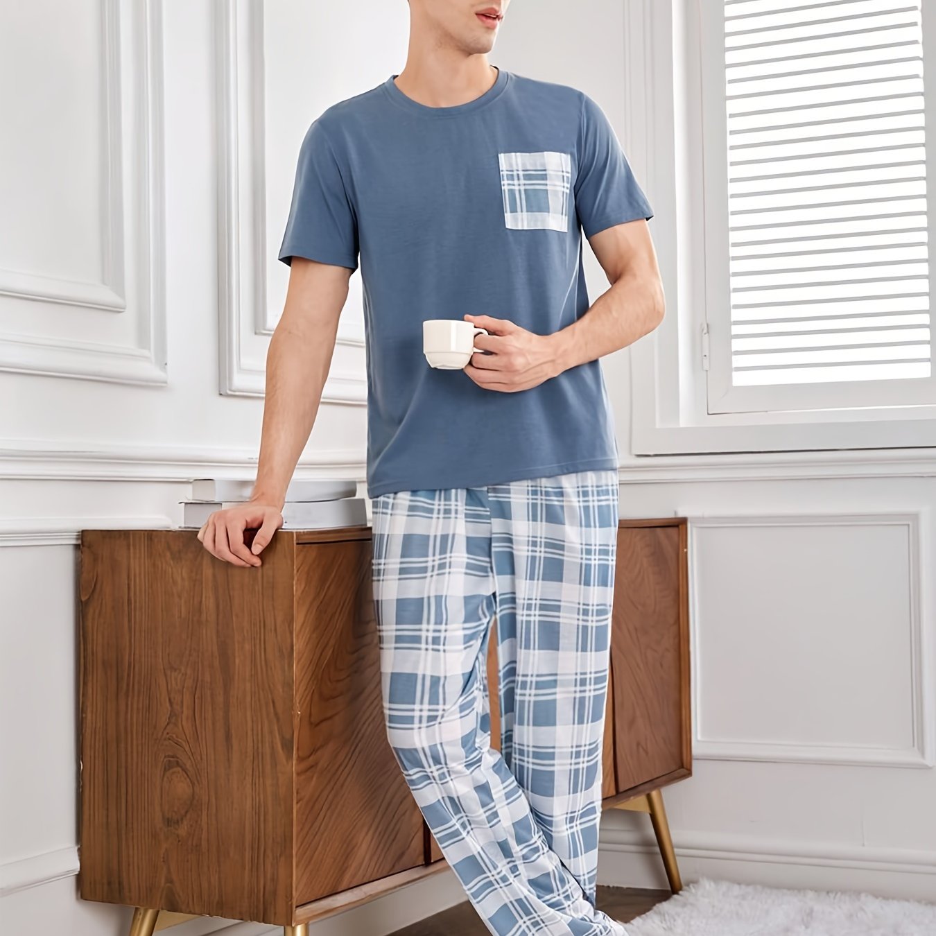 Men's Blue Short Sleeve Pajama Set with Pocket Plaid Pattern All-Season Polyester Regular Fit