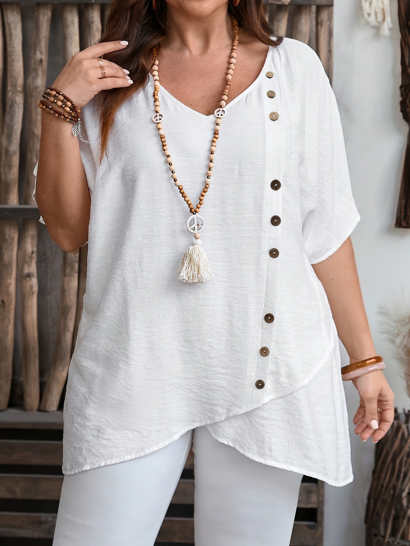 Women's Plus Size V-Neck Blouse Short Sleeve Solid Color Casual Chic