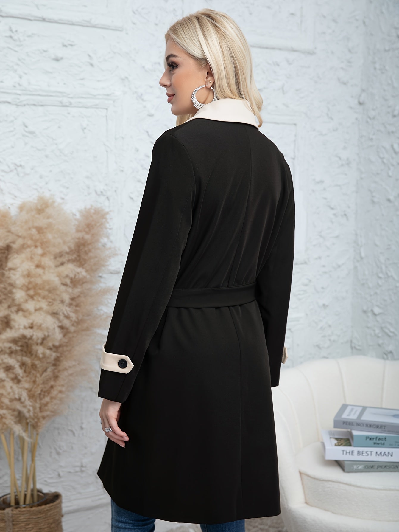 Women's Long Coat Autumn Winter Contrast Color Solid Pattern Woven Polyester Outerwear