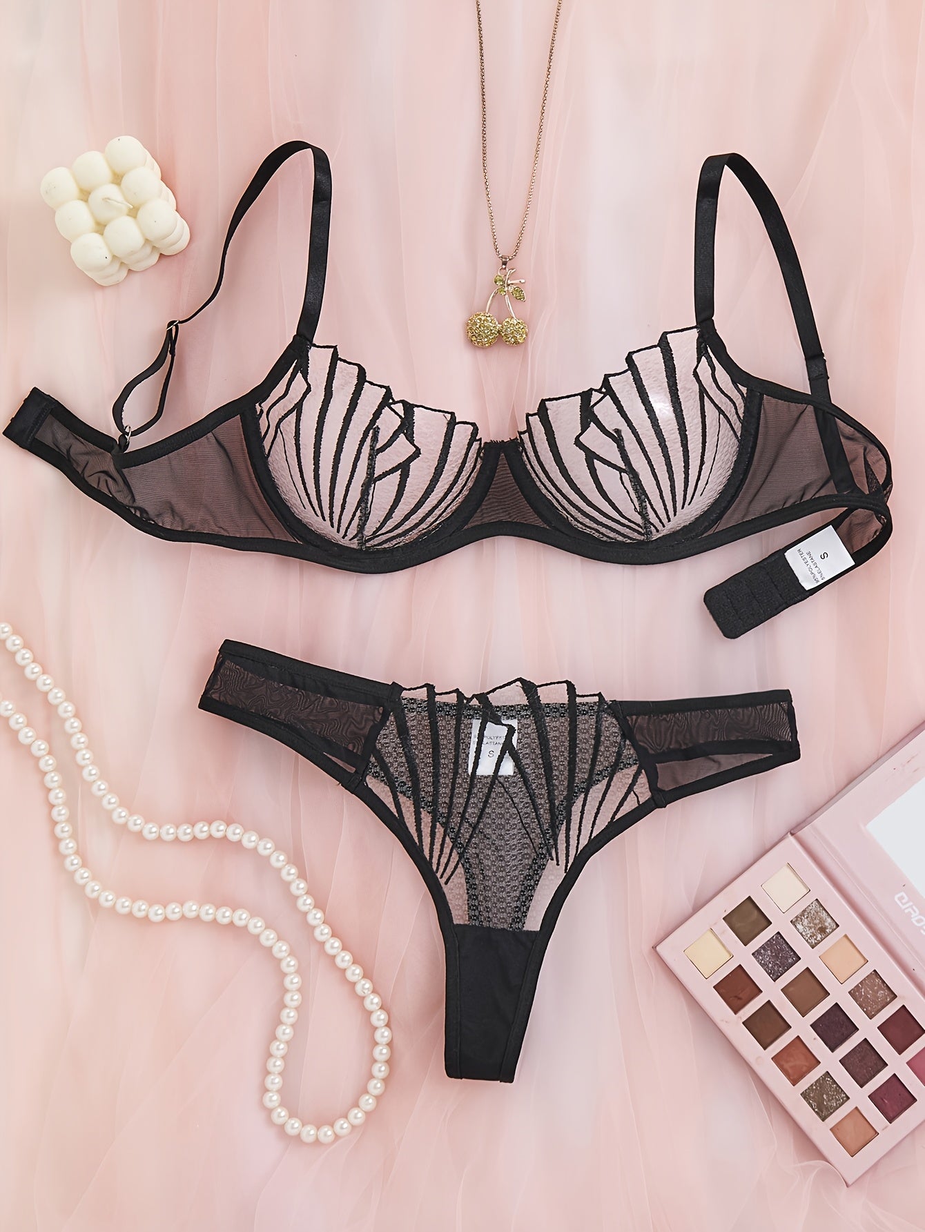 Women's Lace Push-Up Lingerie Set with Semi-Transparent Bra and Flower Embroidery