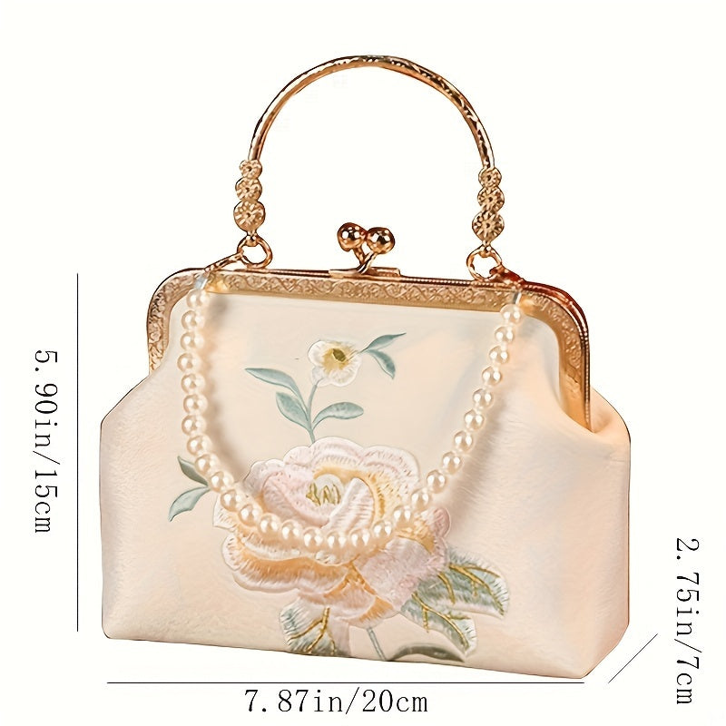 Elegant Floral Embroidery Handbag Polyester Beige with Buckle Closure for Women