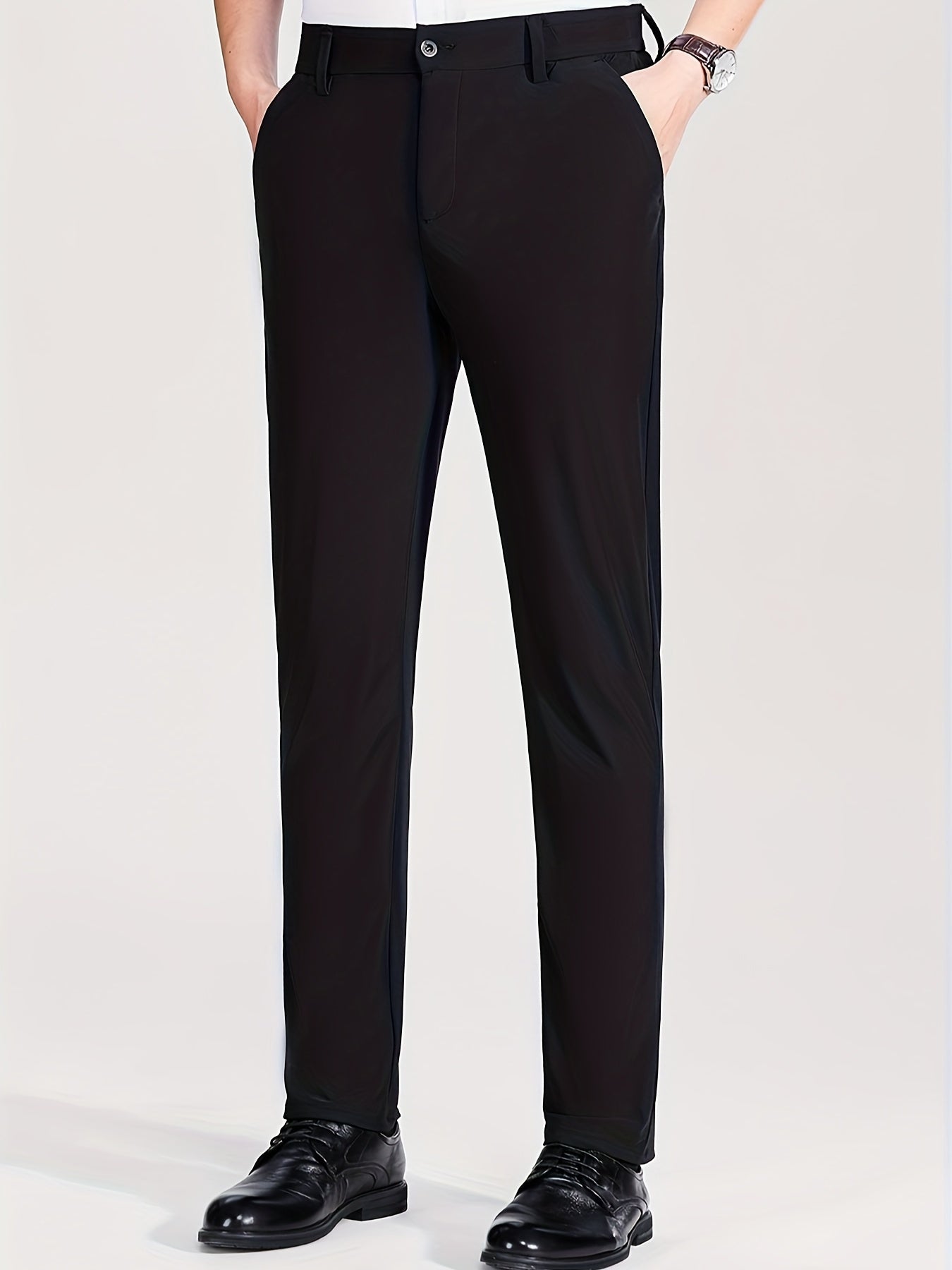 Men's Light Business Casual Pants Elastic Waist Summer Woven Fabric Straight Fit