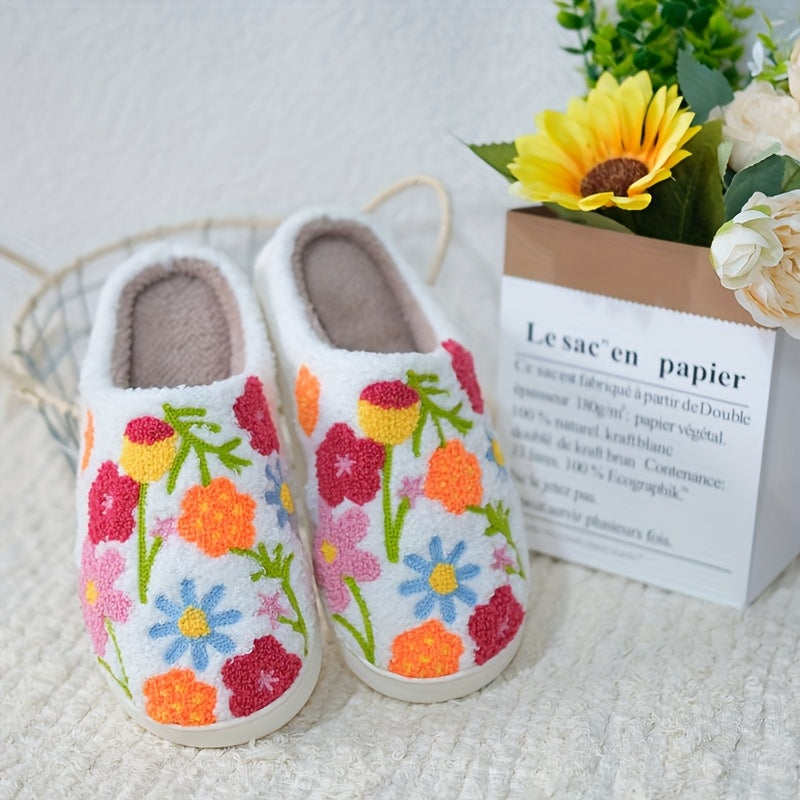 Unisex Plush Floral Indoor Slippers Warm Soft Winter TPR Sole
