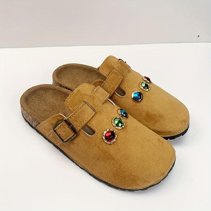 Women's Beige Fabric Slip-On Mules with Sparkling Red and Green Gems