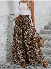 Plus Size Leopard Print Wide-Leg Pantskirt with Pockets and Elastic Waist
