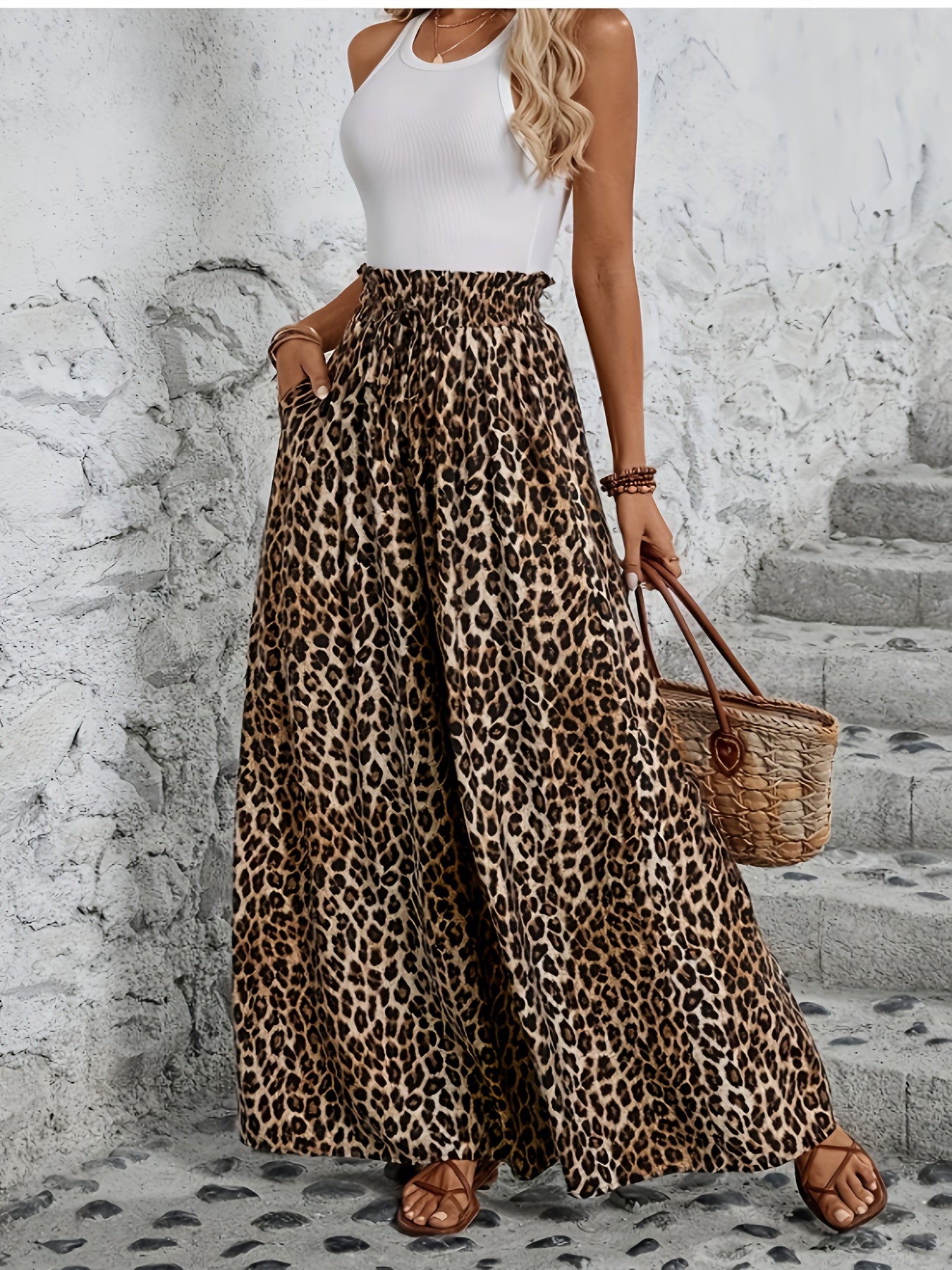 Plus Size Leopard Print Wide-Leg Pantskirt with Pockets and Elastic Waist