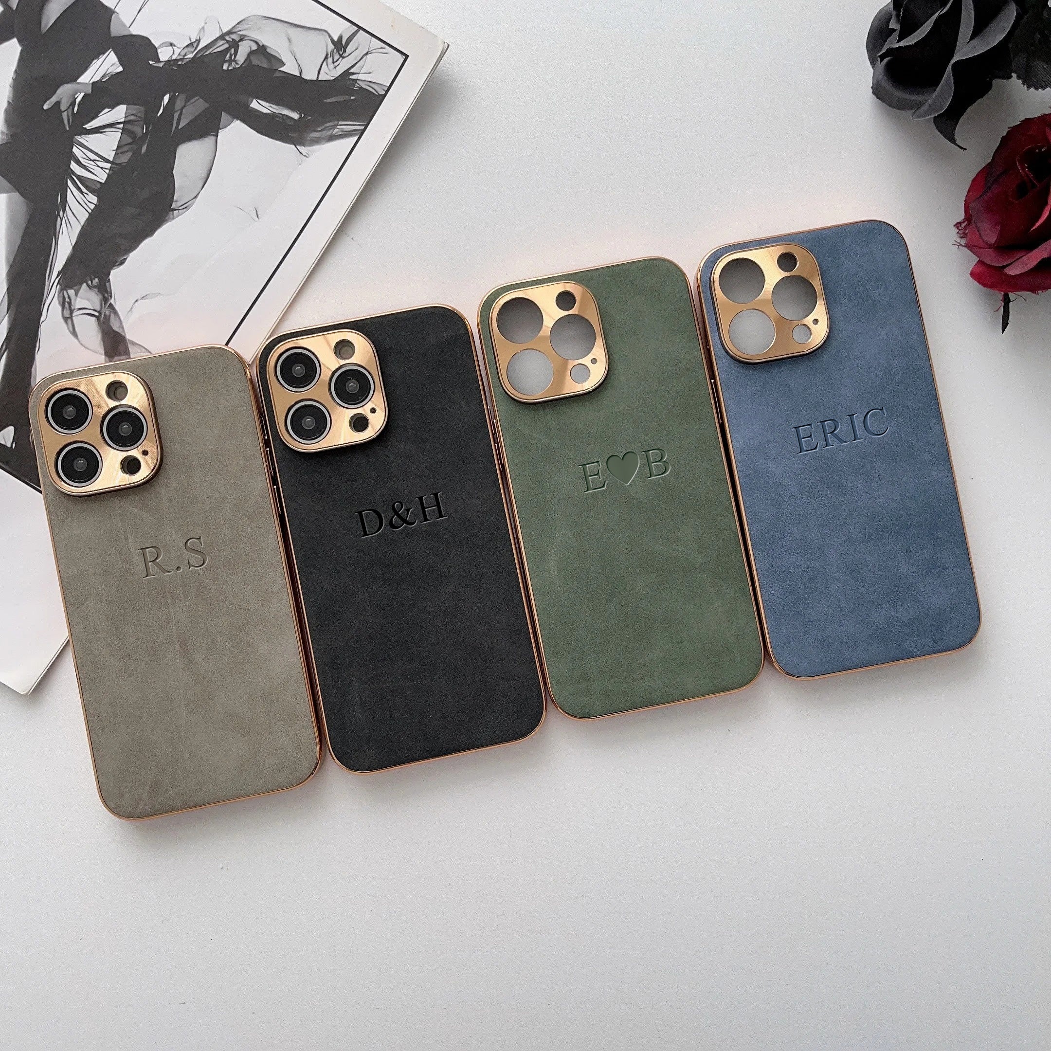 Personalized Shockproof iPhone Case with 3D Embossed Initials and Faux Leather Bumper for Models 11-16