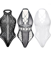 Women’s Lace Mesh Bodysuits 3-Pack Hollow-Out Jacquard Knit Low Support Nightclub Fashion