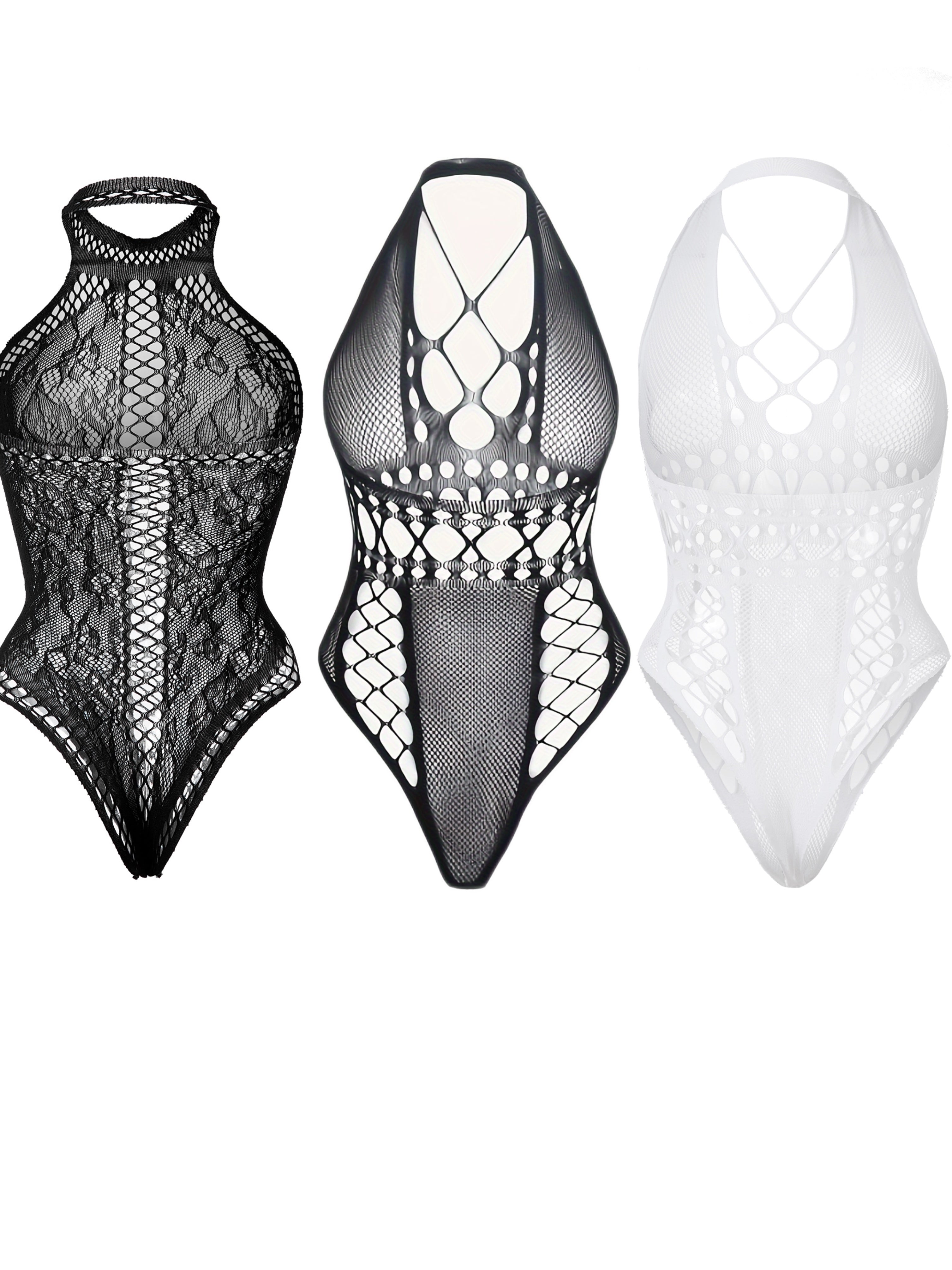 Women’s Lace Mesh Bodysuits 3-Pack Hollow-Out Jacquard Knit Low Support Nightclub Fashion