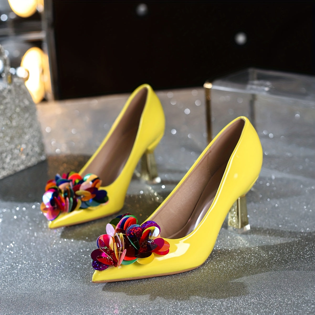 Women Pointed Toe Heeled Pumps Sequin Flower Elegant Style