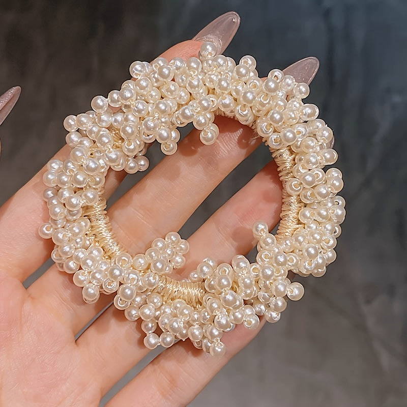 Set of 3 Faux Pearl Hair Loops with Elastic Ties for Women