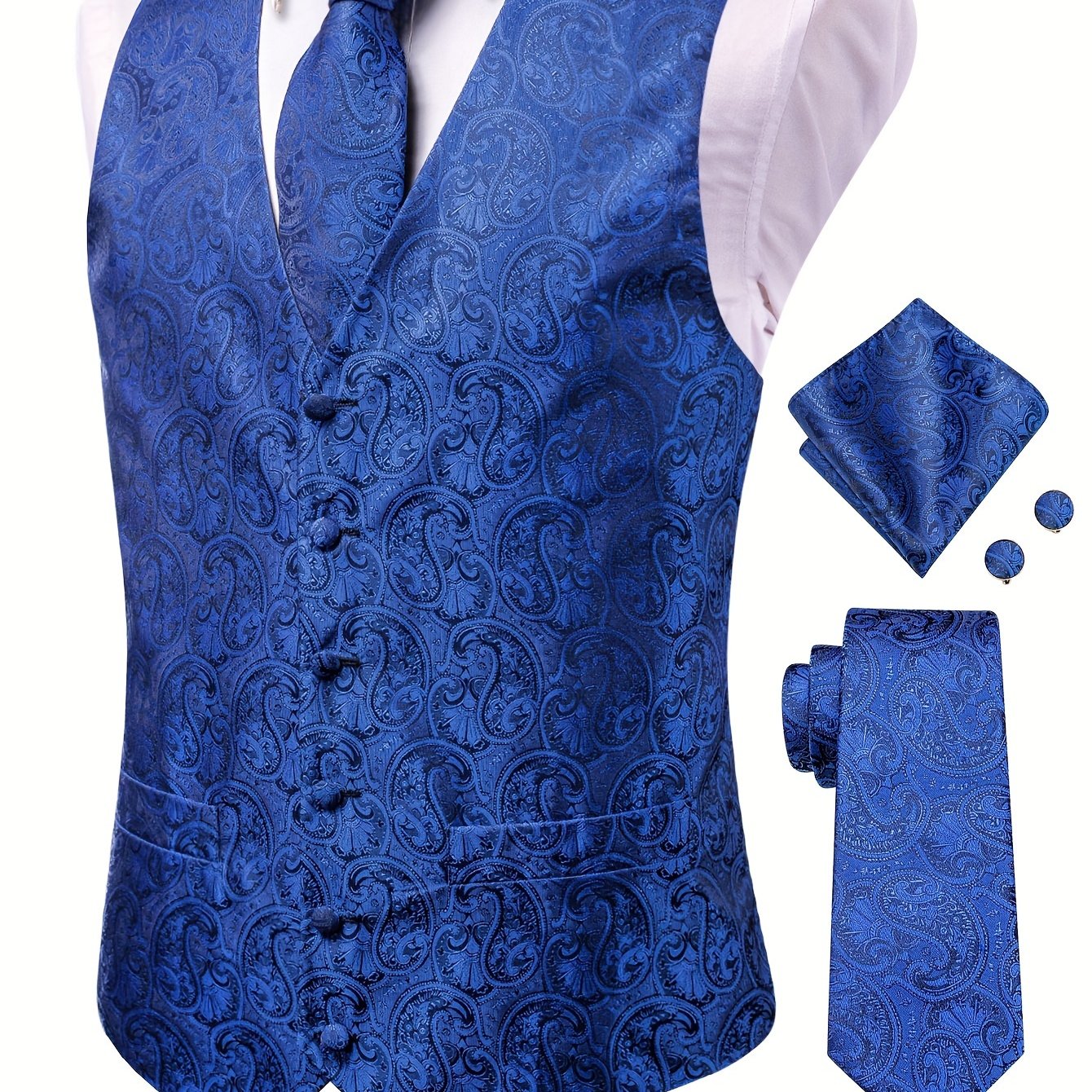 Plus Size Men's Paisley Vest Set with Necktie Hanky Cufflinks for Business Wedding Party
