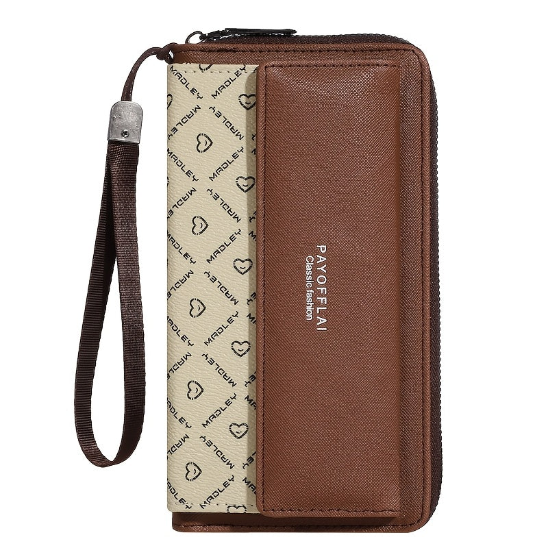 Vintage Women's Faux Leather Wallet with Wristlet Dual-Clasp Closure Zipper Card Slots Photo Pocket