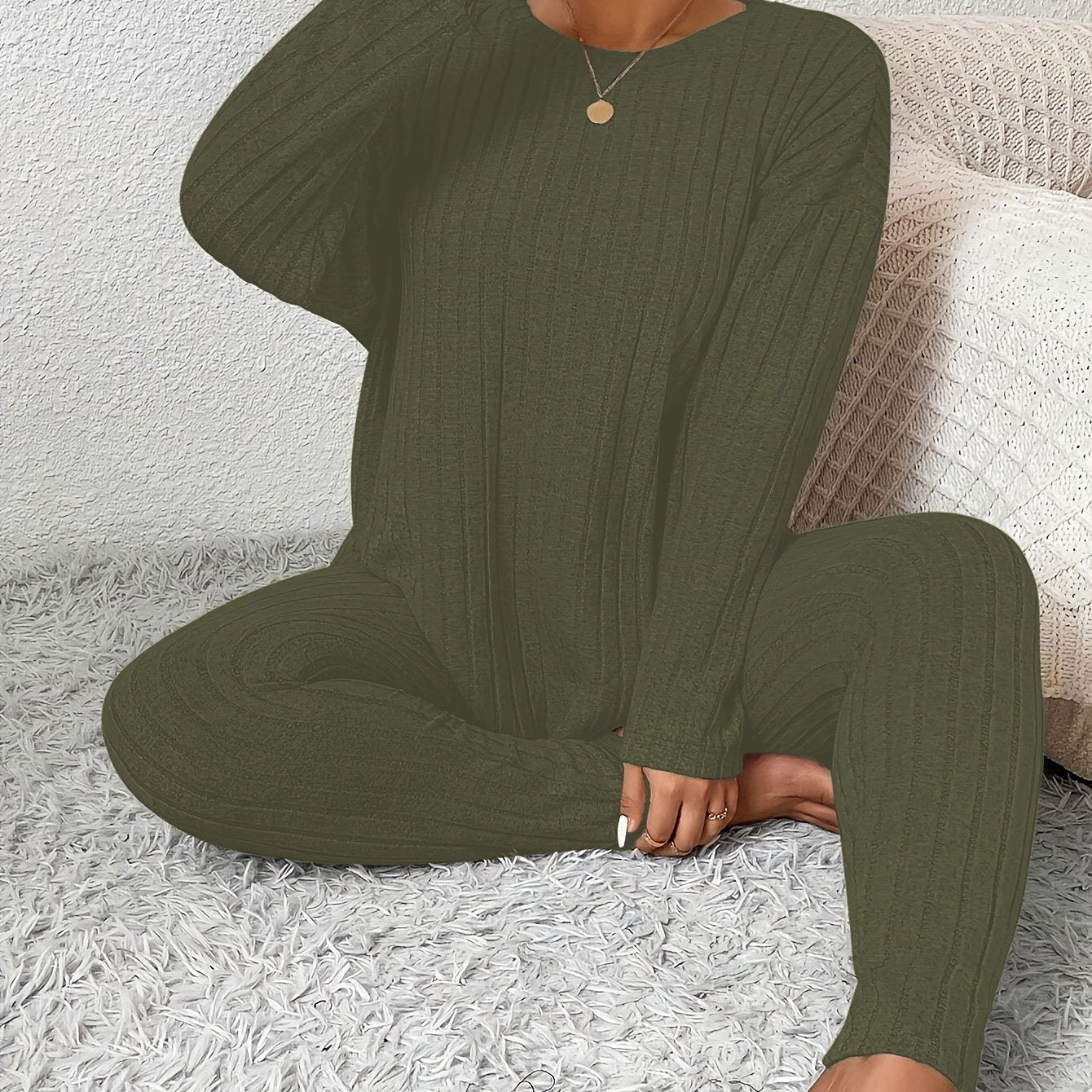 Women's Large Ribbed Autumn Winter Home Wear Casual Set