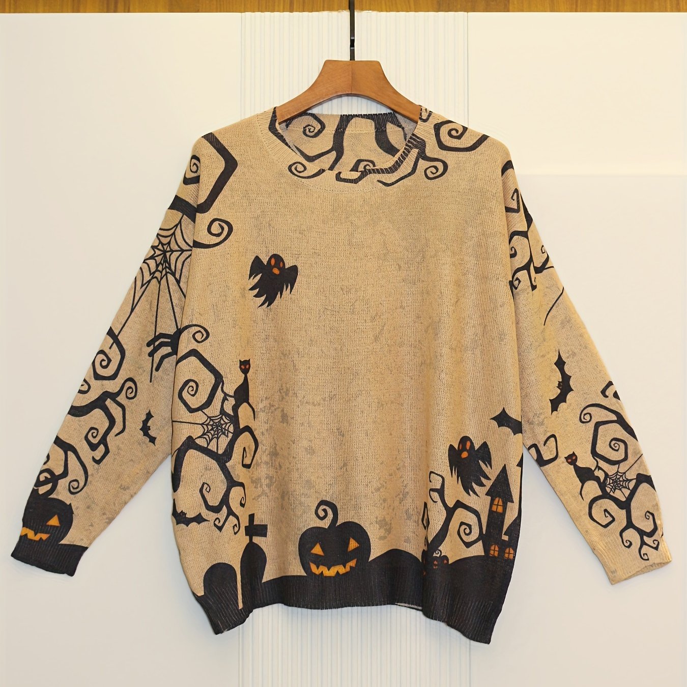 Plus Size Pumpkin Pattern Knitted Pullover Women’s Casual Crew Neck Sweater