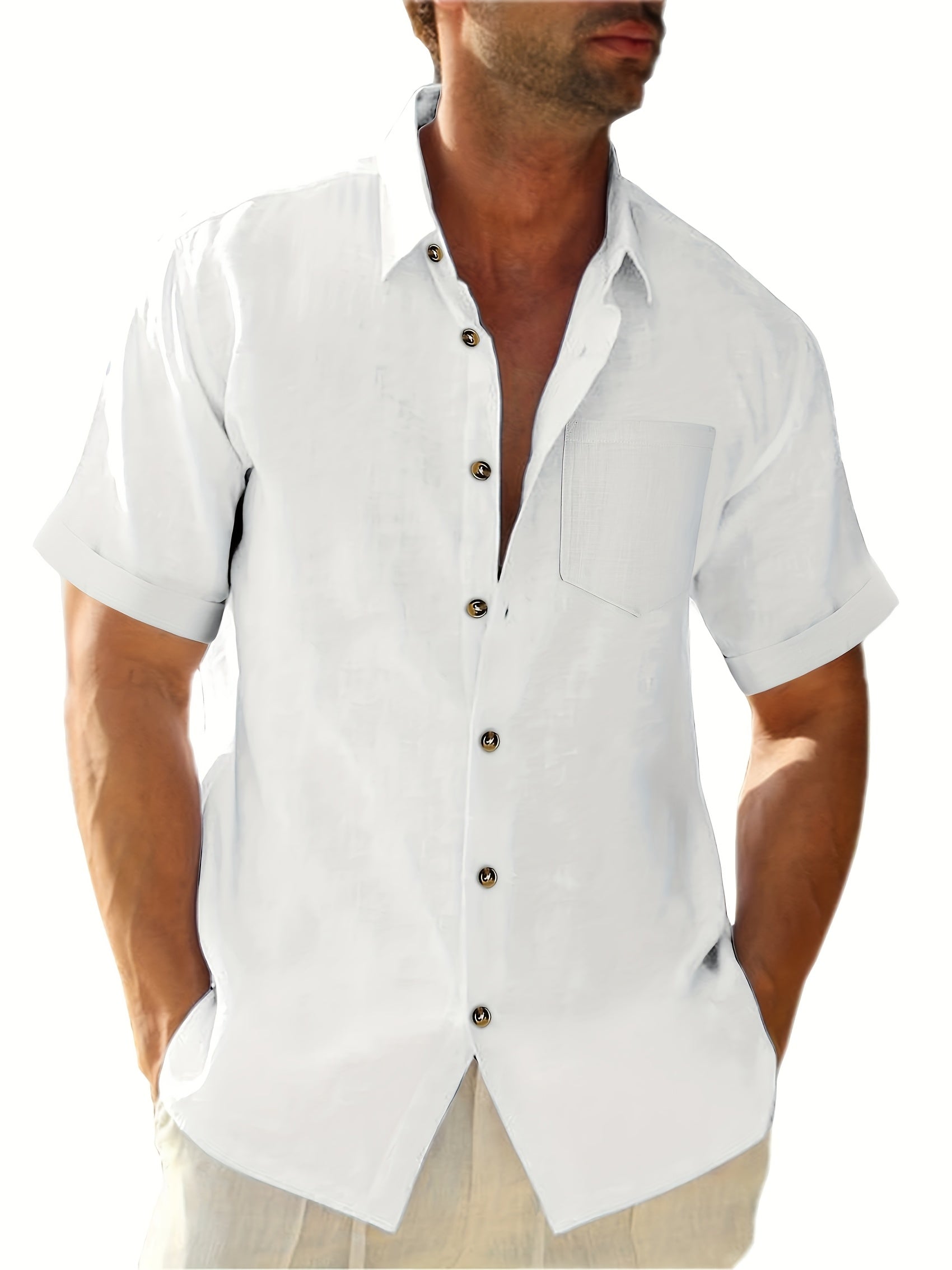 Men's Plus Size Solid Blue Cotton Short Sleeve Casual Shirt for Summer Vacation