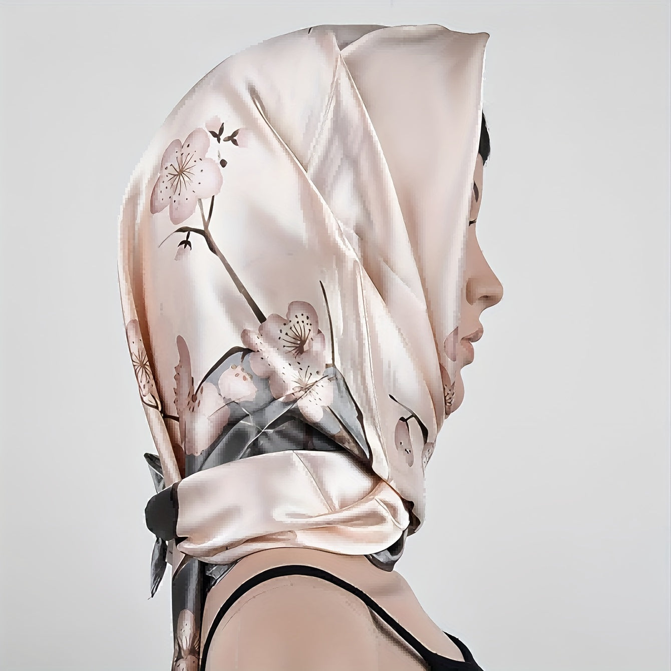 Women's Pink Floral Satin Scarf with Deer and Bird Print Lightweight Shawl for Casual Wear