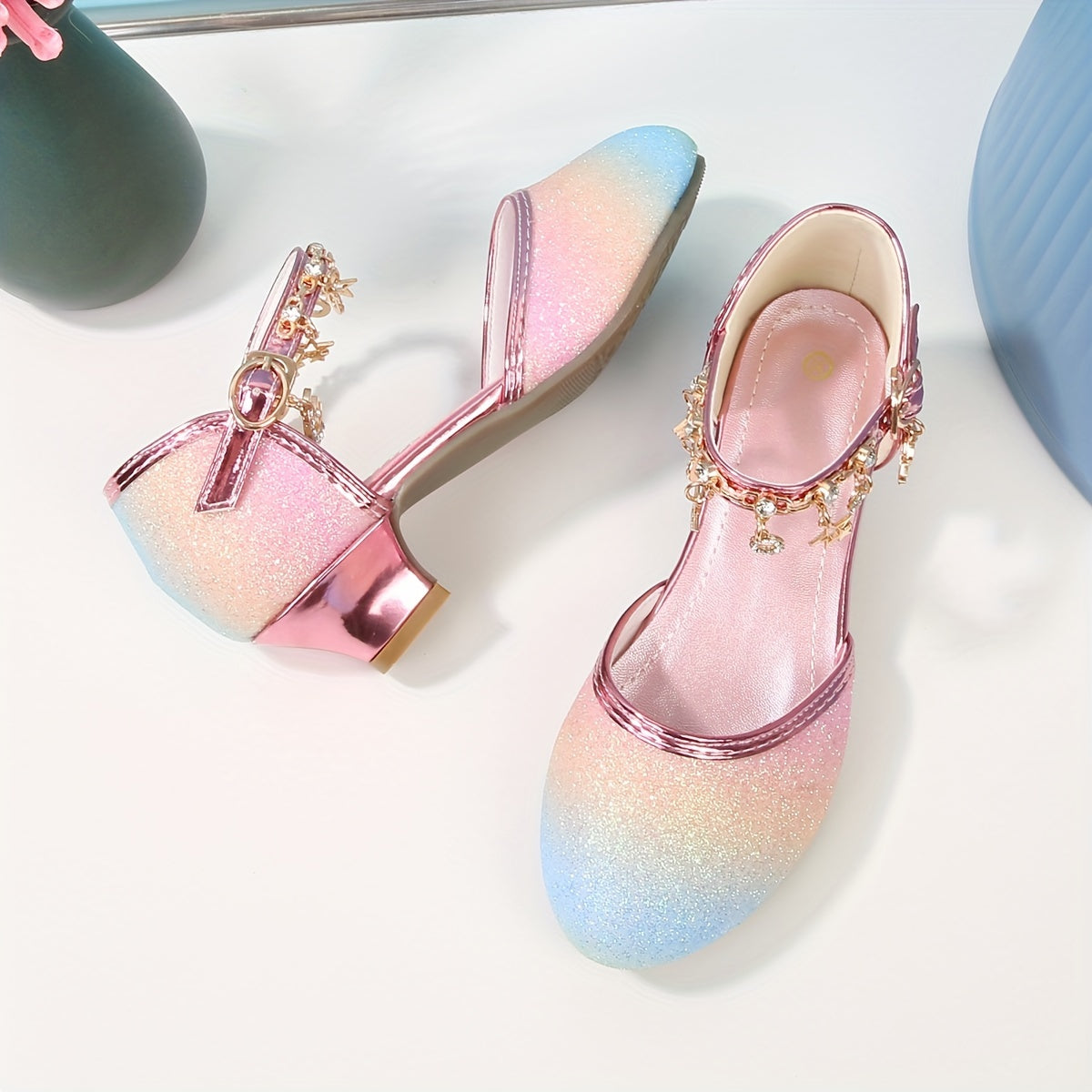 Girls' Sparkling Glitter Princess Shoes with Flower Embellishments for Performance and Fashion