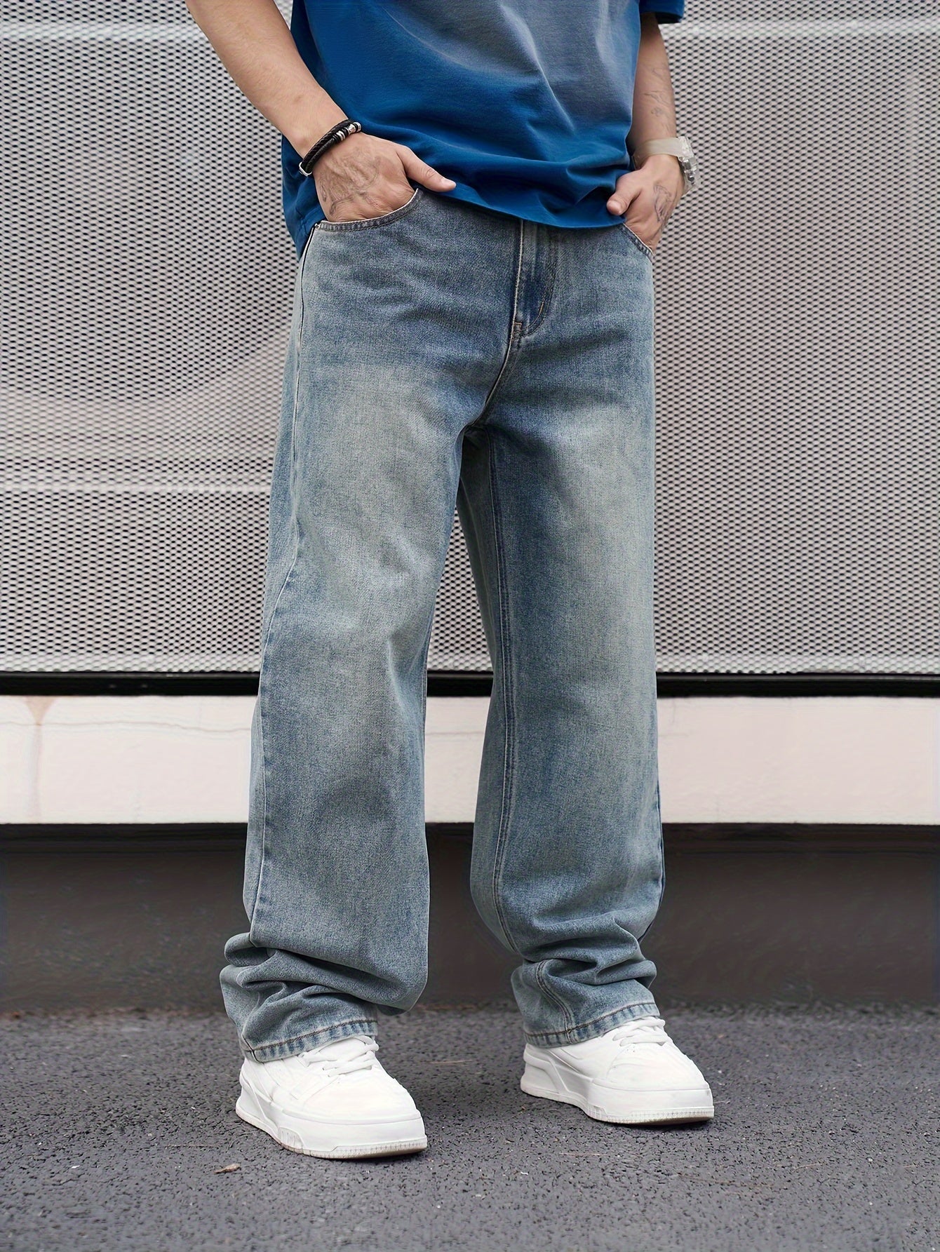 Jeans de mezclilla lavada de corte recto casual para hombre, ajuste regular