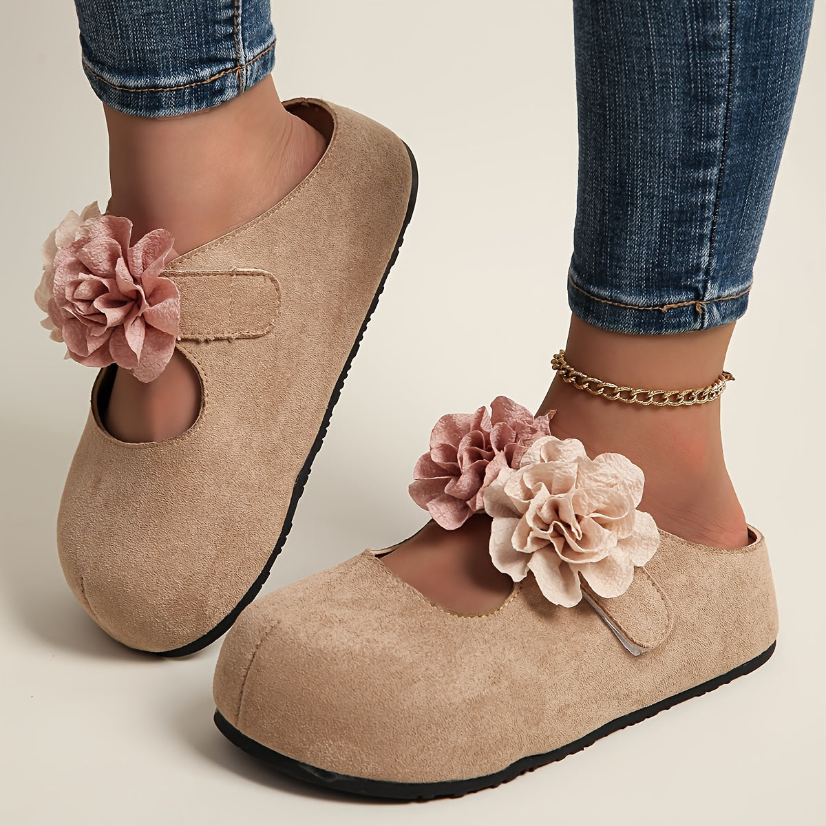 Women's Floral Platform Mules - Slip-On Loafers with Thick Sole in Pastel Pink