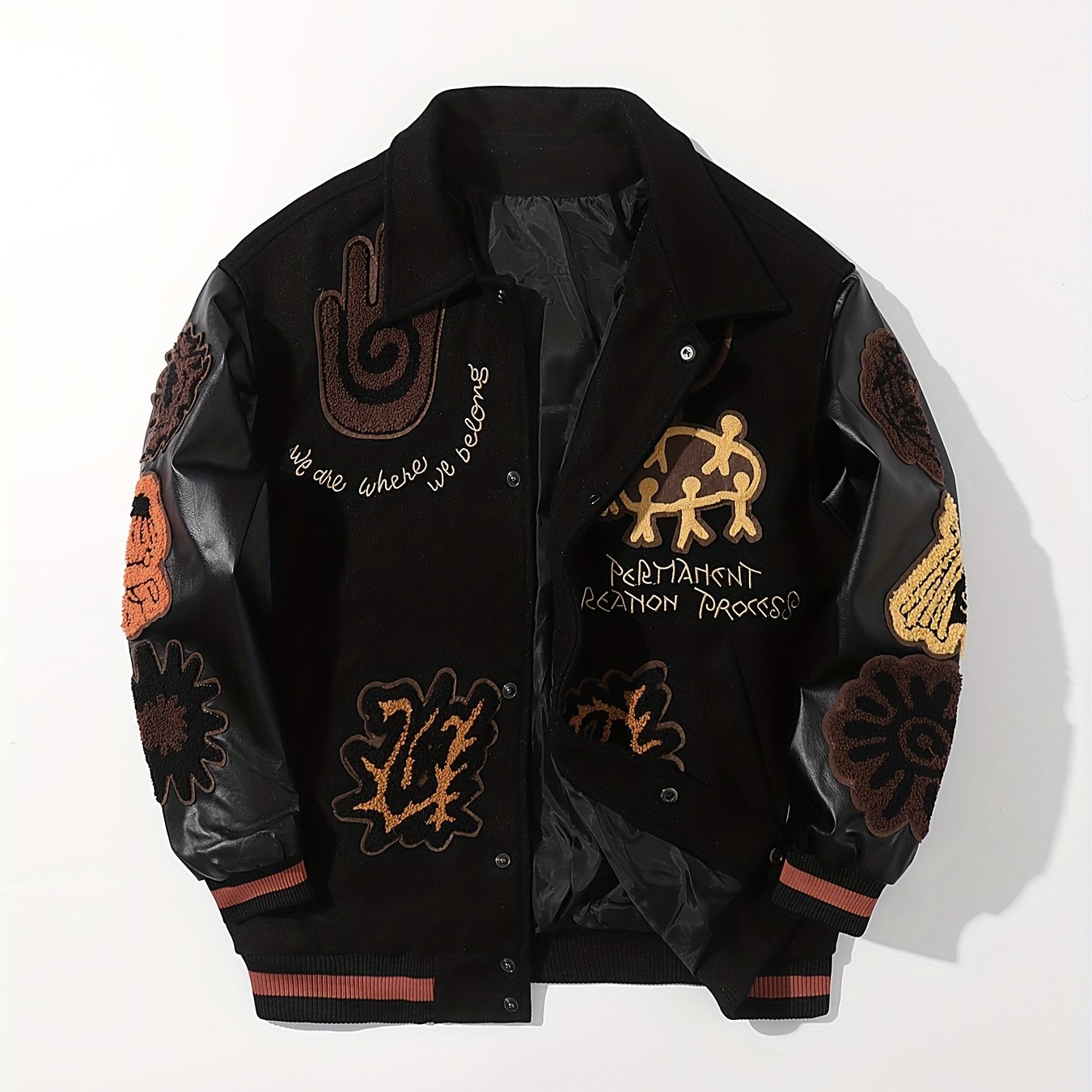 Men's Striped Loose Fit Jacket with Embroidery Pockets Lapel for Fall Winter Outdoor Wear