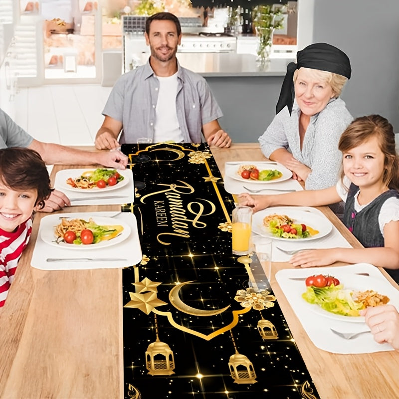 Eid Mubarak Table Runner Black Gold Moon Lantern Ramadan Eid Celebration 35x180cm