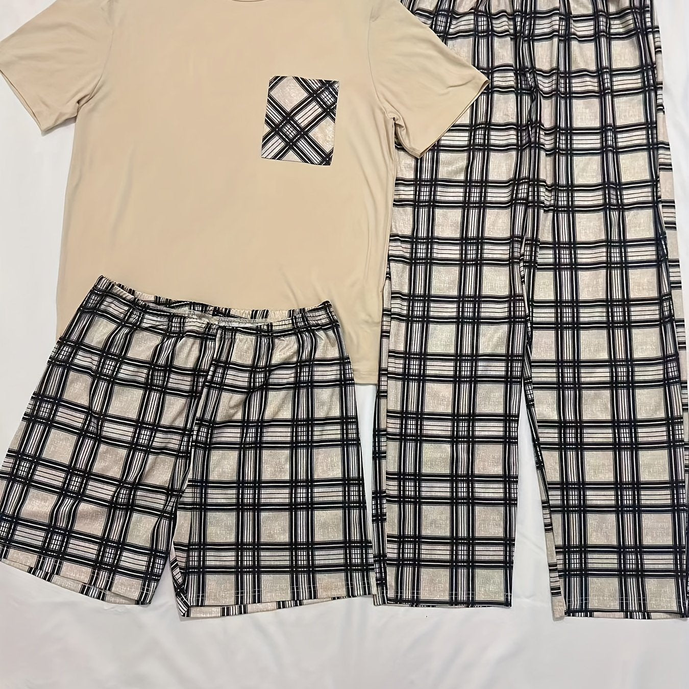 3-Piece Plaid Pajama Set Short Sleeve Crew Neck Top with Pocket Medium Stretch Polyester All-Season Comfort