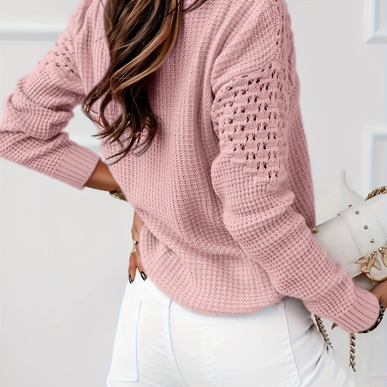 Women's Solid Color Long Sleeve Sweater with Lace Cutouts for Casual and Formal Wear