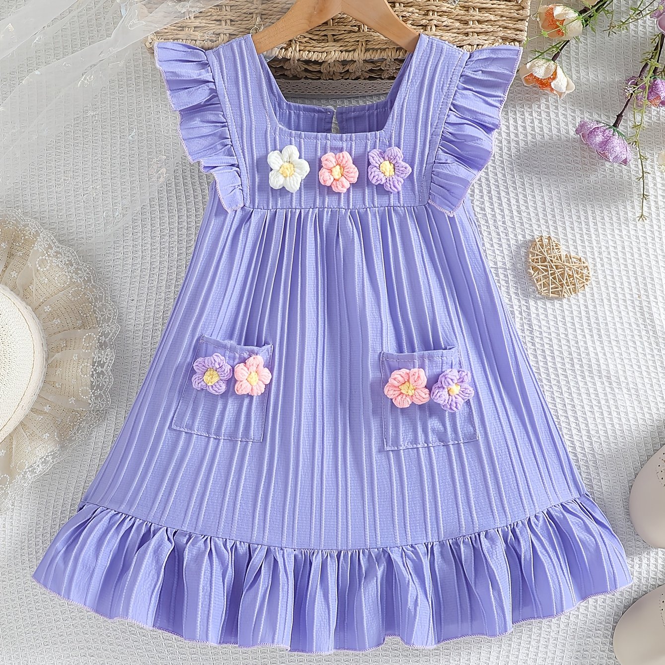 Girls' Light Blue Summer Dress with 3D Floral Embellishments Ruffle Sleeves Knee Length