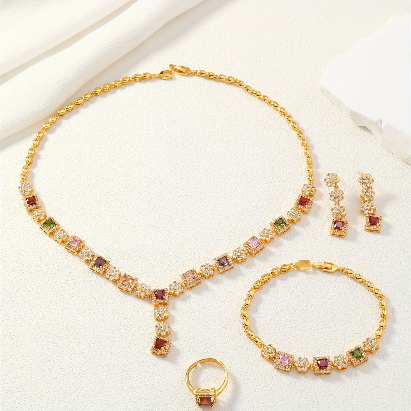 Vintage Jewelry Set with Multicolor Cubic Zirconia 24K Gold Plated Necklace Earrings Ring