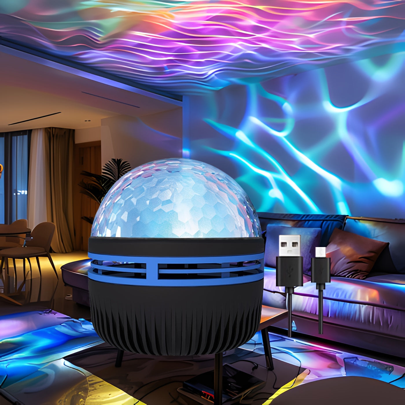 Night Light Projector with Ocean Waves Black USB Powered for Bedroom Home Theater