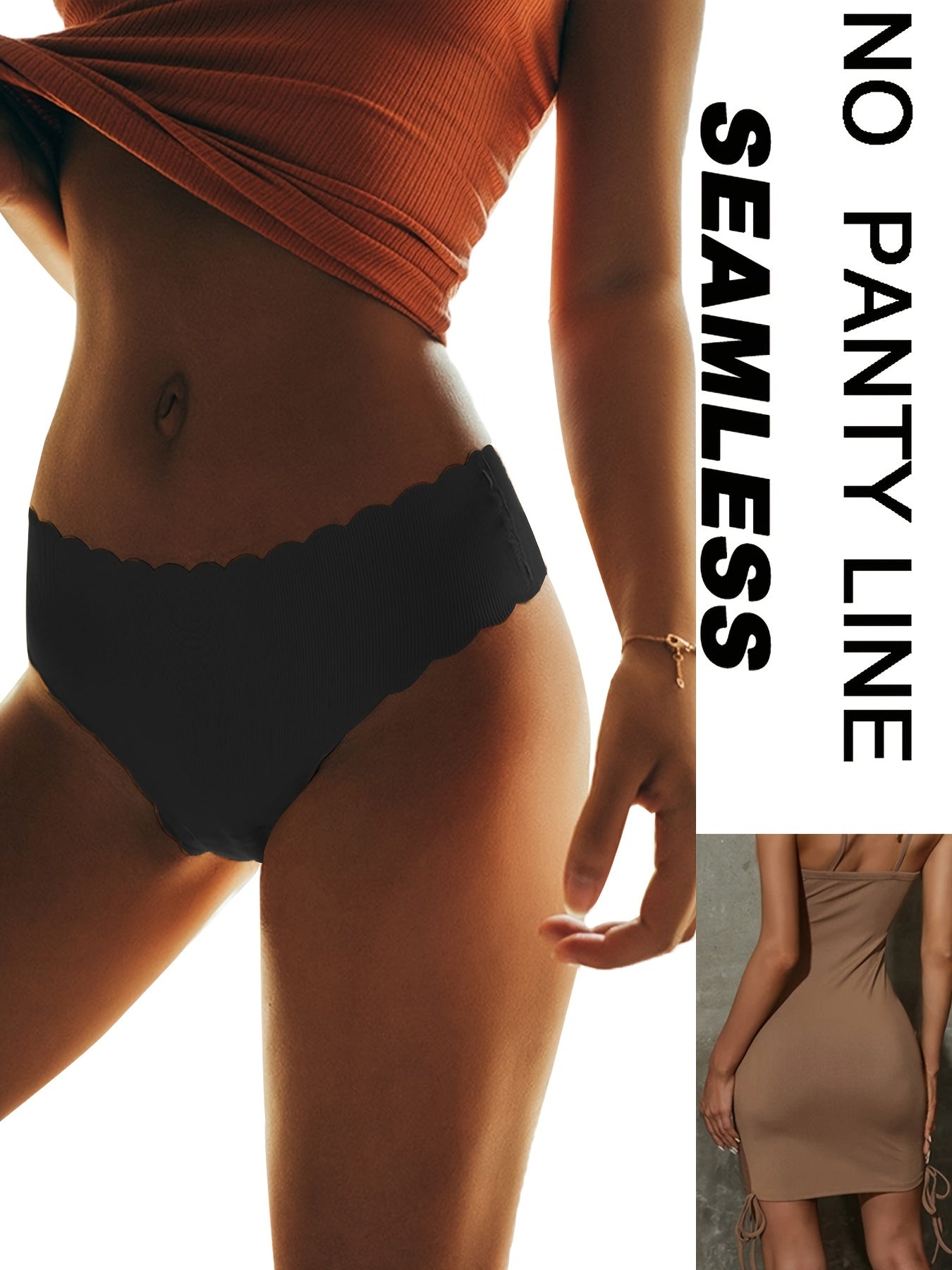 Seamless Solid Scallop Trim Thong Panties for Women 5 Pack