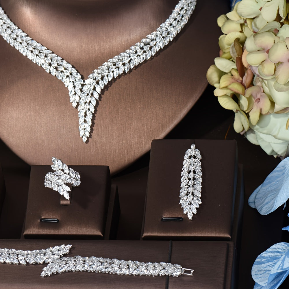 Elegant Leaf-Shaped Jewelry Set Zirconia 18K Gold Plated Copper Wedding Party Bridal