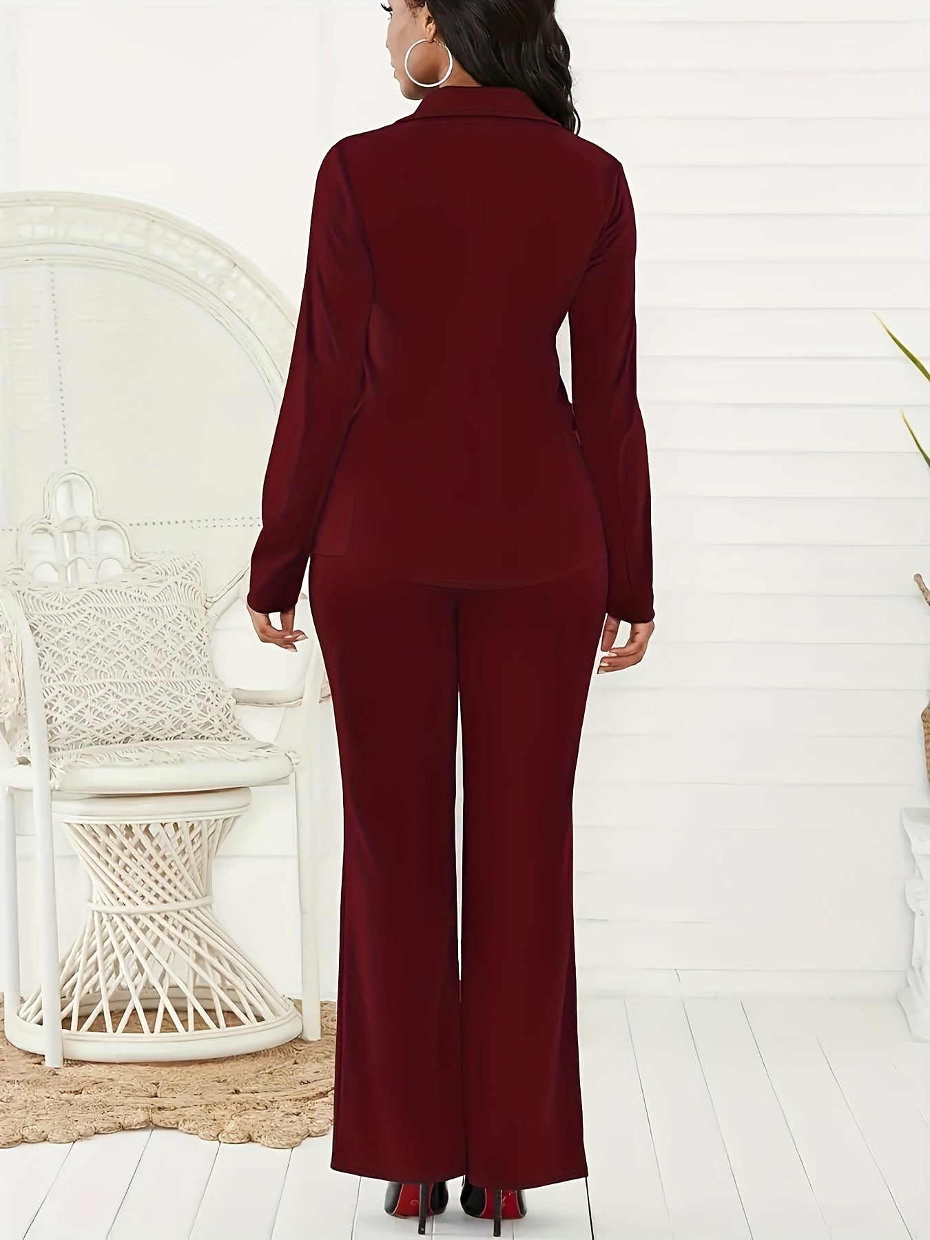 Women's Slim Fit Two-Piece Suit Set Long Sleeve Blazer and Pants Polyester Nylon