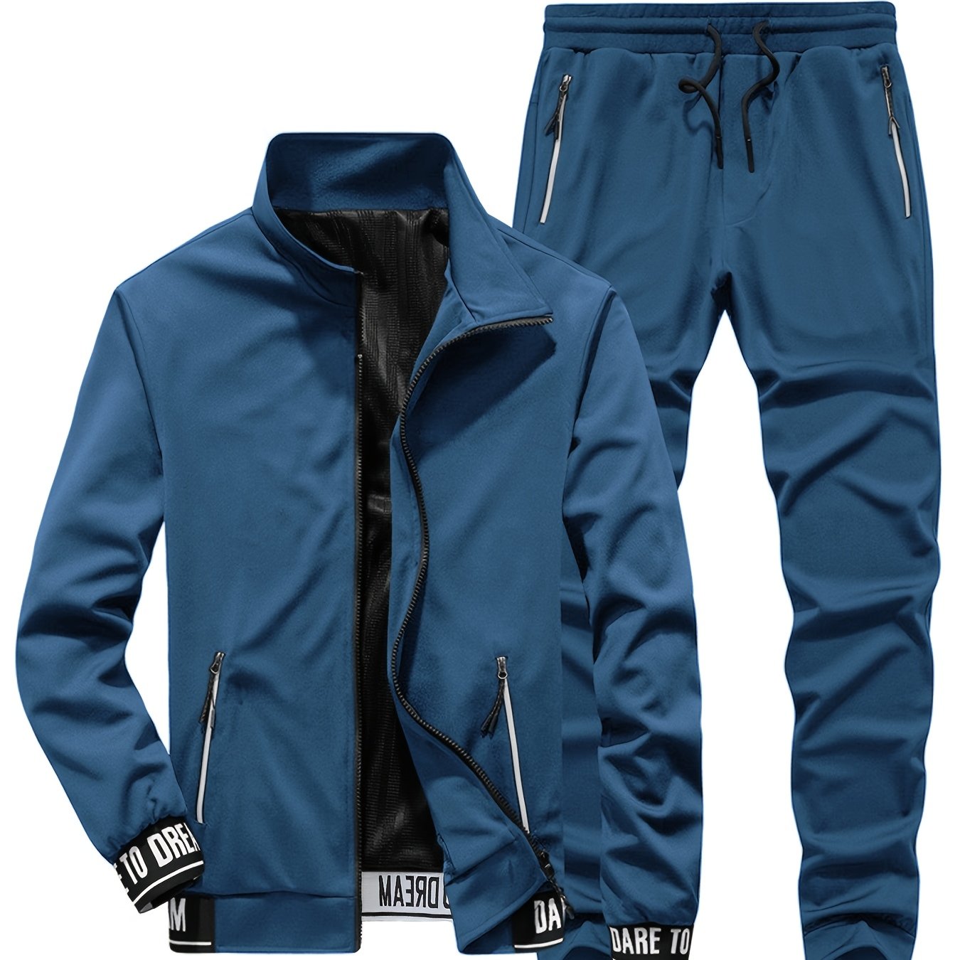 Men's Polyester Knit Casual Sportswear Set with Pockets and Collared Neck for Fall Winter