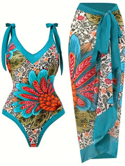 Women's Large Size European American Floral Swimsuit Set with Removable Padding