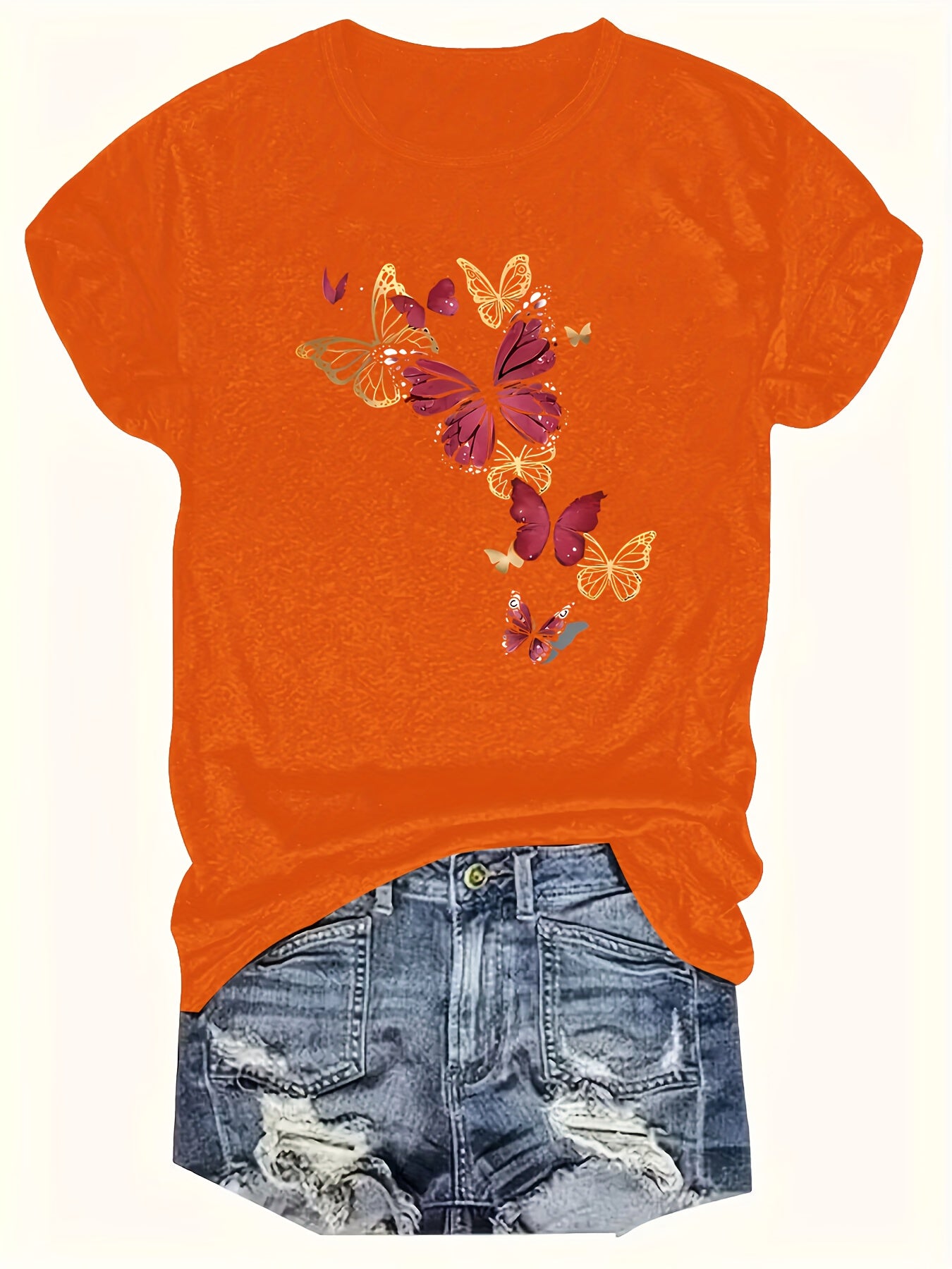 Women's Plus Size Casual Round Neck T-Shirt with Butterfly Print