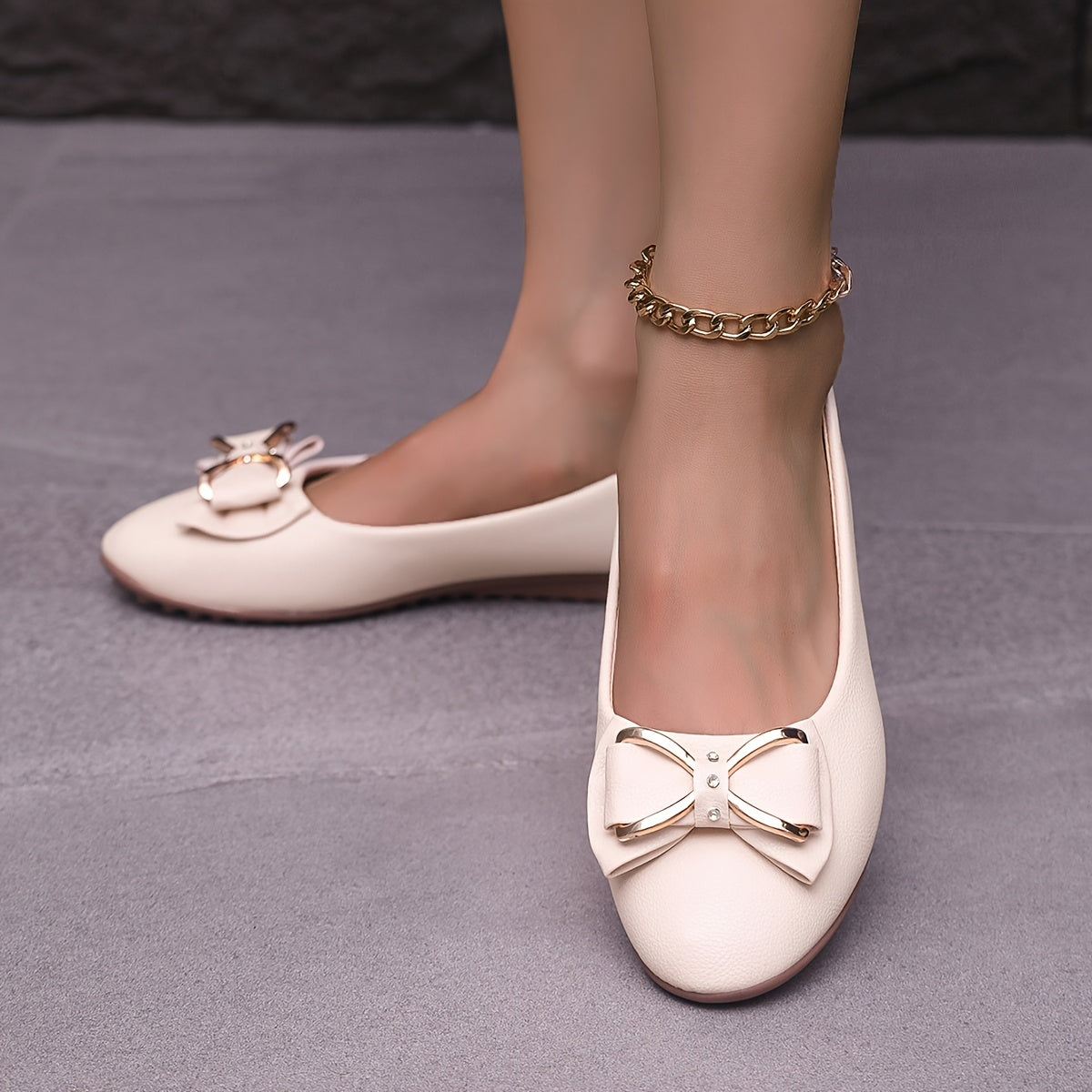Women's White Ballet Flats with Gold Bow Synthetic Slip-On Casual Shoes